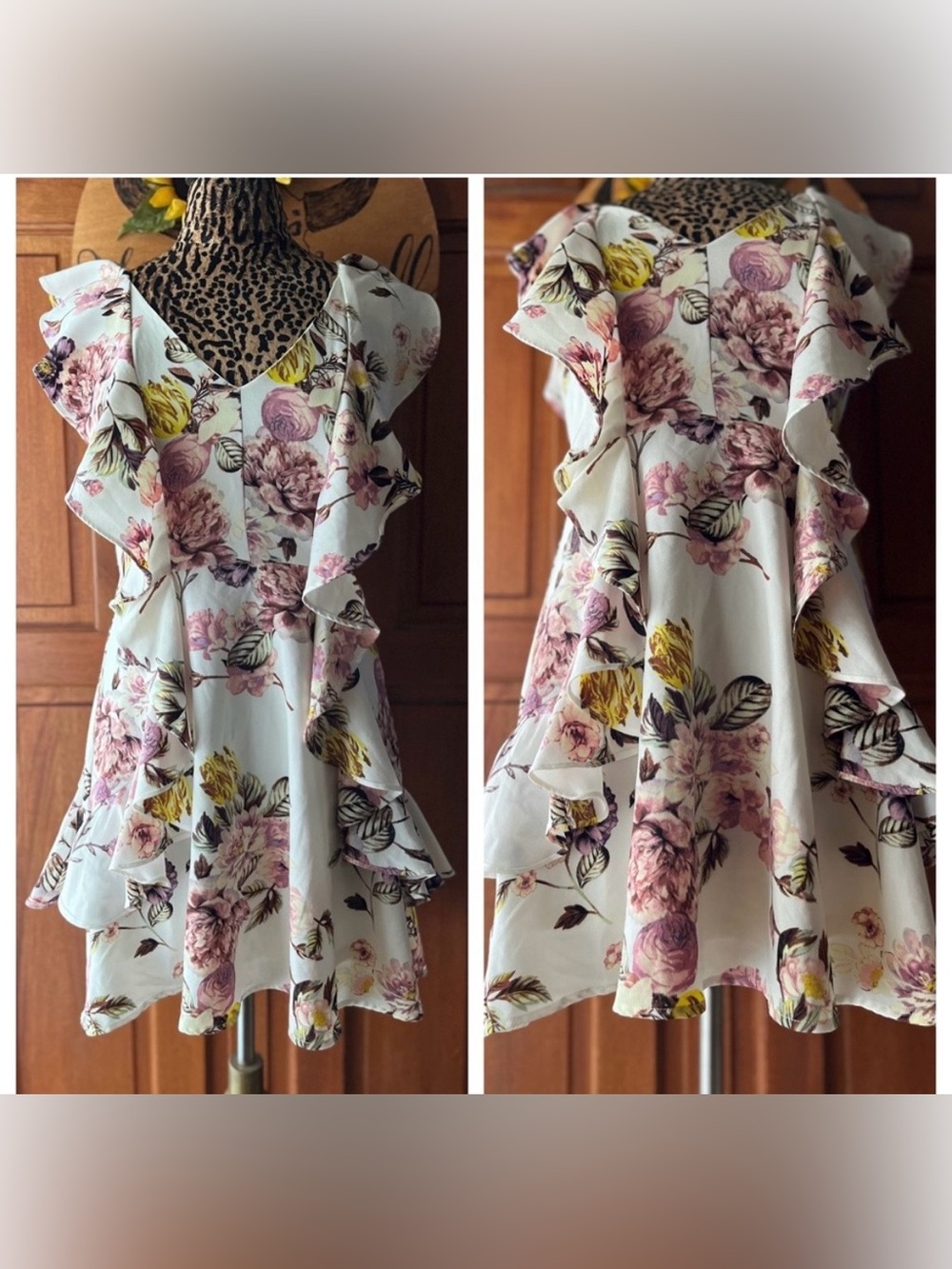 Leith Medium Cream Floral Ruffle Dress with Pink & Yellow Blooms - Picture 3 of 6